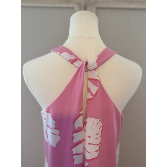 Tori Richard Pink Monstera Leaf Halter Dress Resort Wear Size M - Picture 7 of 9